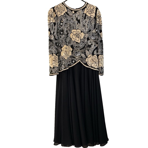 Vintage 90s Black Tie Gown Women's 6 Black Ivory Sequin Beaded Chiffon Formal - Picture 3 of 10